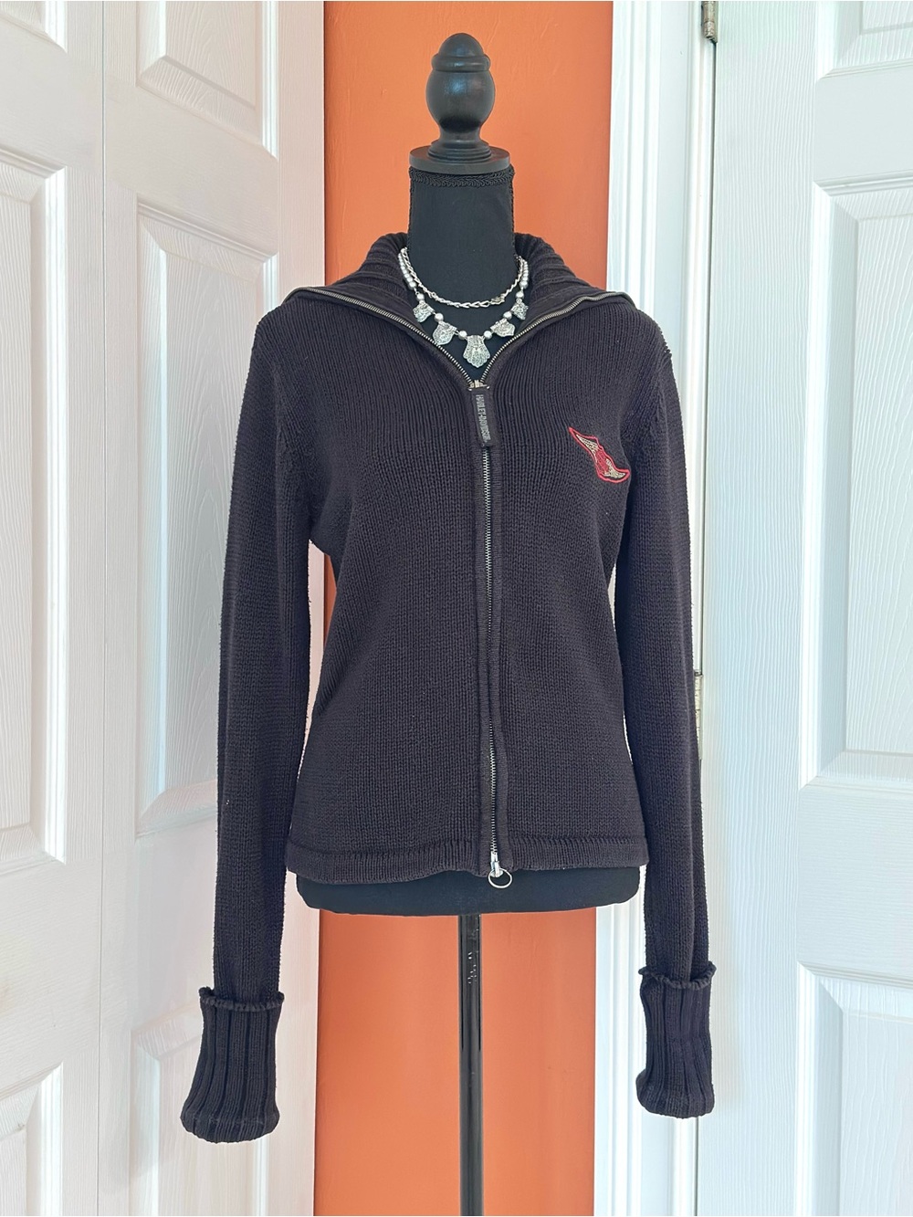 HARLEY-DAVIDSON ~ Black Knit Cardigan with Contrast Logo and Brass Zipper size L - Picture 6 of 10